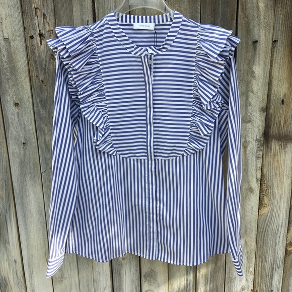 Anine Bing Tops - Anine Bing Ruffle Prairie Stripe Blouse NWT L